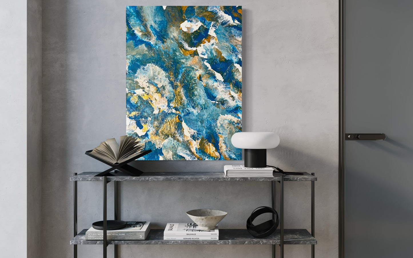 Abstract acrylic painting in shades of blue, turquoise, and gold with flowing, marbled structures. The composition is reminiscent of water, waves, or rock formations and radiates calm, depth, and natural elegance. Hand-painted, one-of-a-kind piece in the fluid art style—modern abstract art on canvas, inspired by the colors of the sea, ideal for stylish living rooms and gallery spaces.