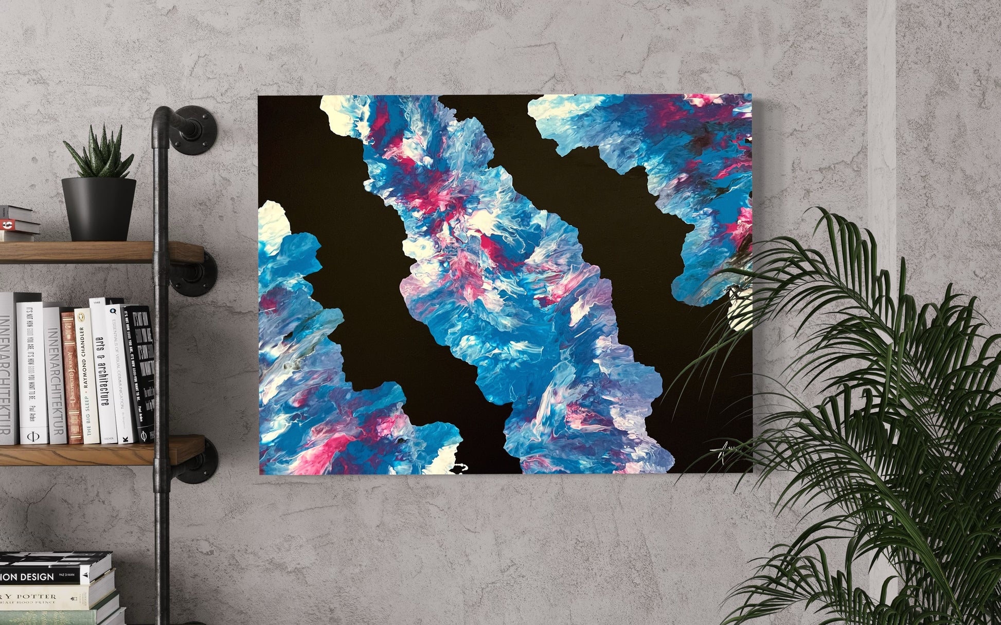 Abstract acrylic painting in bold shades of blue, white, pink, and purple on a deep black background. The flowing, cloud-like shapes create a fascinating depth and dynamism reminiscent of water, ice, or cosmic structures. Hand-painted, one-of-a-kind piece in the fluid art style—modern abstract art on canvas with contrasting colors and an energetic aura, ideal for contemporary living spaces or galleries.