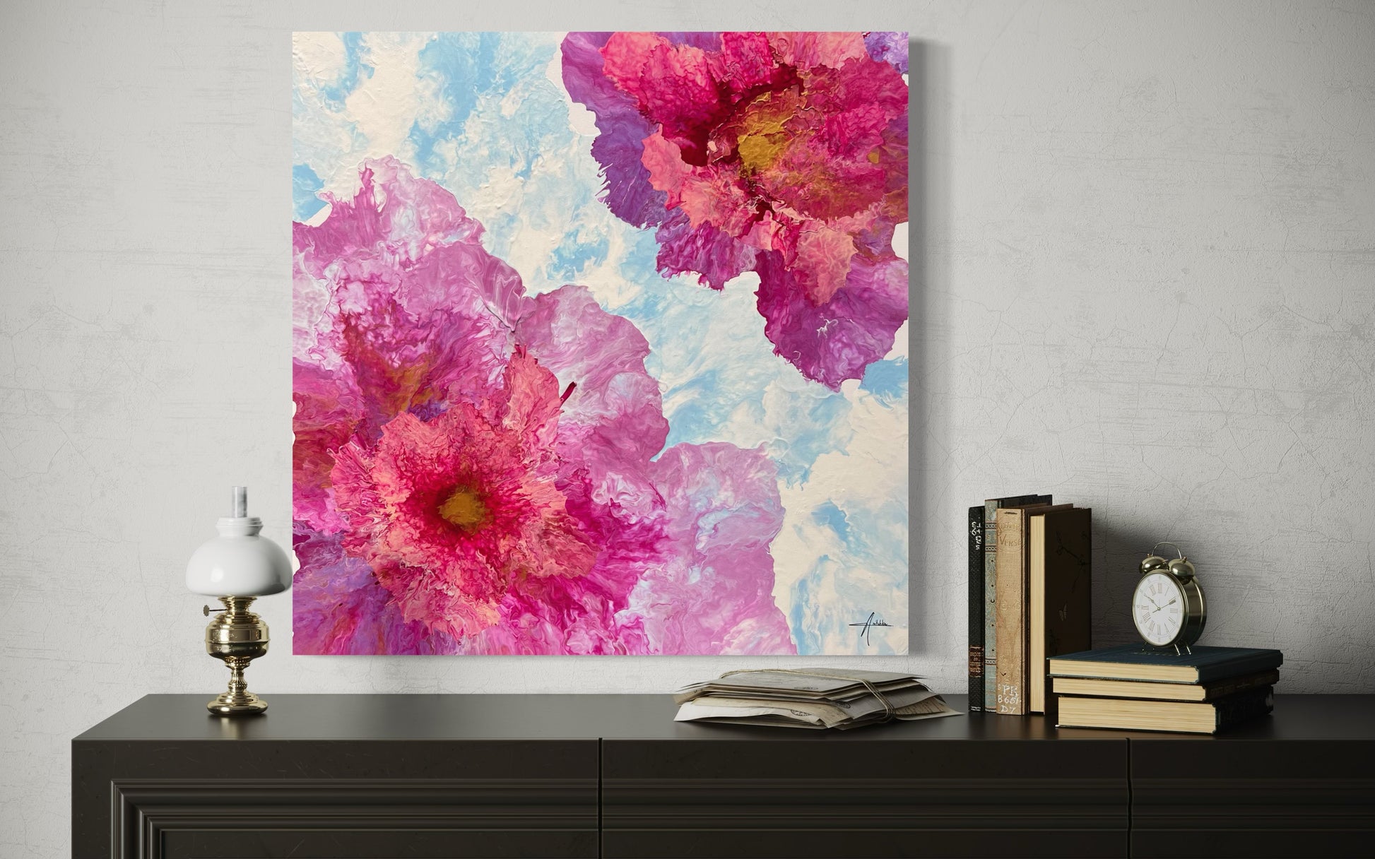 Acrylic painting featuring large, abstract flowers in bright shades of pink, rose, and violet on a light, sky-blue background. The delicate flower shapes appear lively and dynamic, with gentle color gradients and fine structures that create depth and movement. Hand-painted, one-of-a-kind piece in the modern floral art style—modern floral art on canvas that radiates freshness, lightness, and joie de vivre.