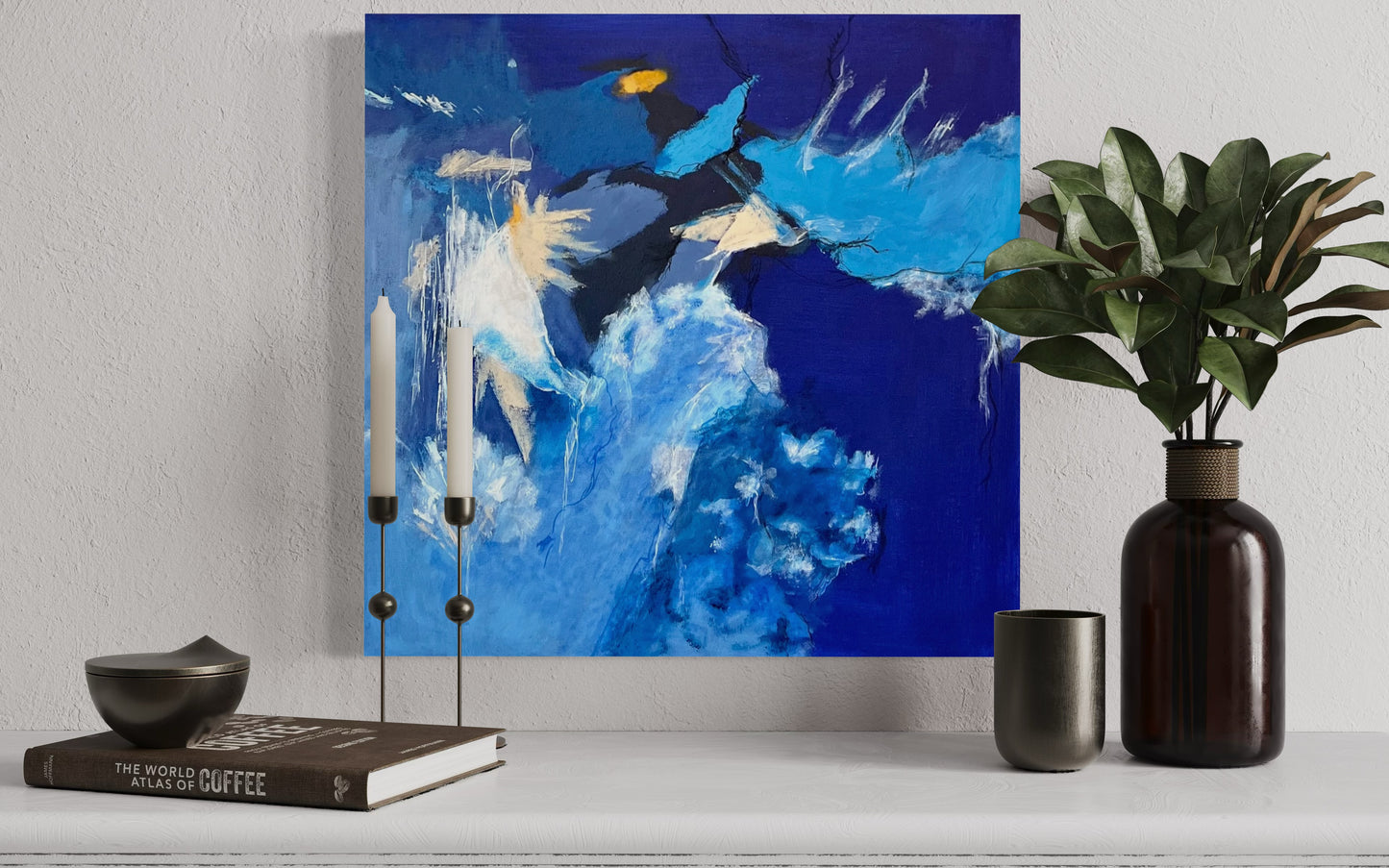 Abstract painting in bold blue with contrasting white, black and beige accents - modern acrylic artwork with expressive brushstrokes and maritime depth, ideal for contemporary wall design.