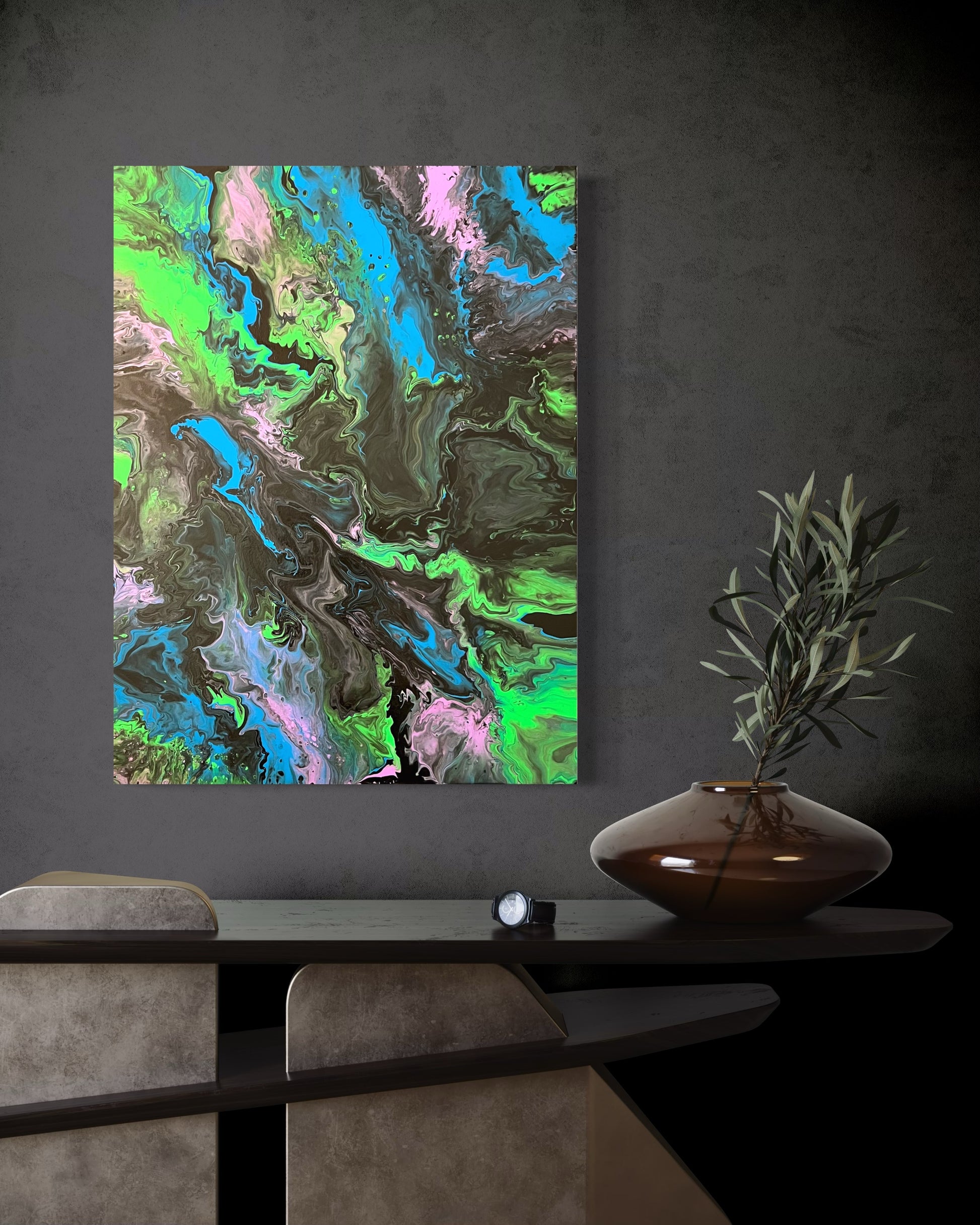 Abstract acrylic painting in vibrant shades of green, blue, black, and pink with flowing, marbled structures. The composition is reminiscent of landscapes seen from a bird's eye view or natural earth formations and watercourses. Hand-painted, one-of-a-kind piece in the fluid art style—modern abstract art on canvas that combines nature, movement, and balance in vibrant colors.