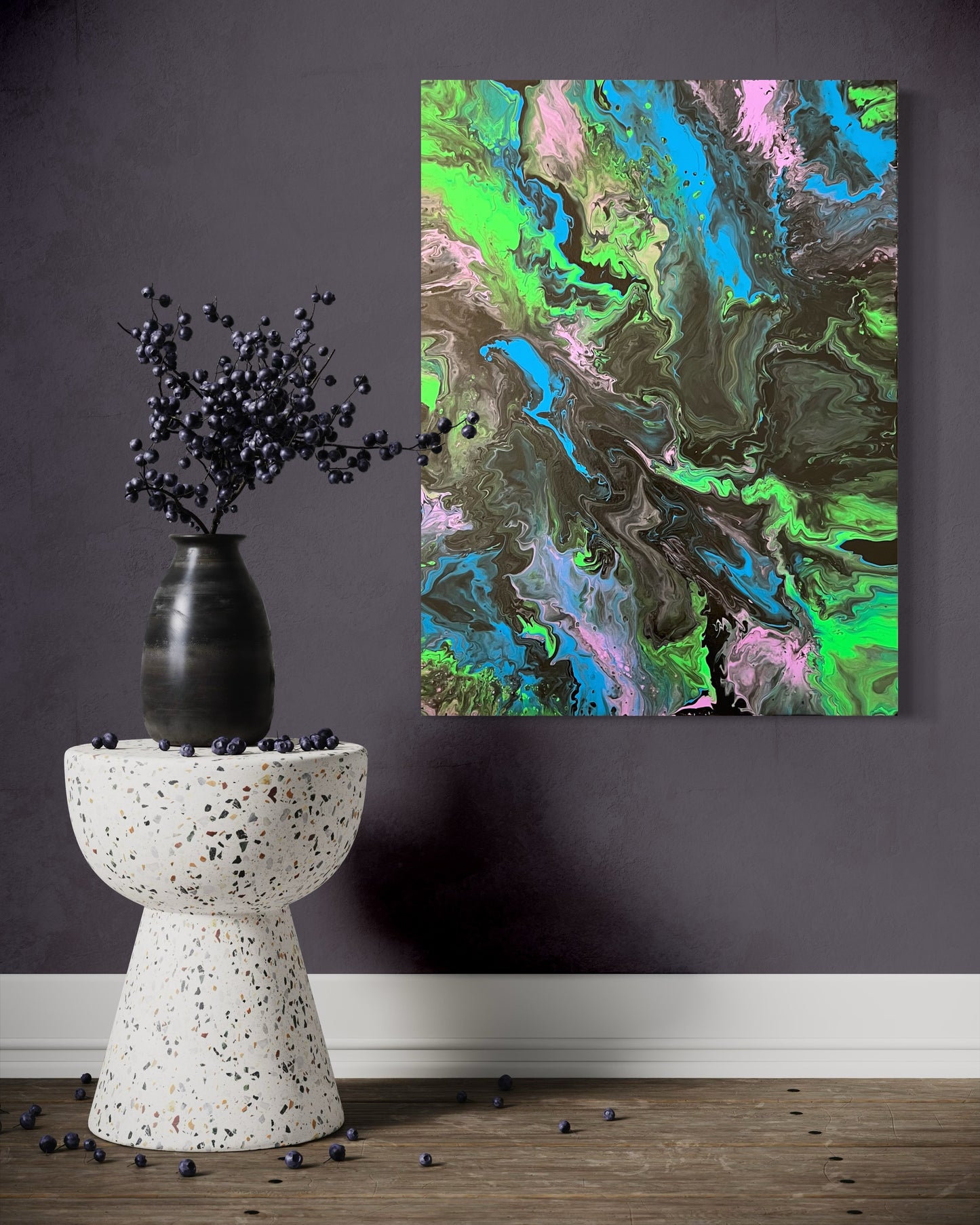 Abstract acrylic painting in vibrant shades of green, blue, black, and pink with flowing, marbled structures. The composition is reminiscent of landscapes seen from a bird's eye view or natural earth formations and watercourses. Hand-painted, one-of-a-kind piece in the fluid art style—modern abstract art on canvas that combines nature, movement, and balance in vibrant colors.