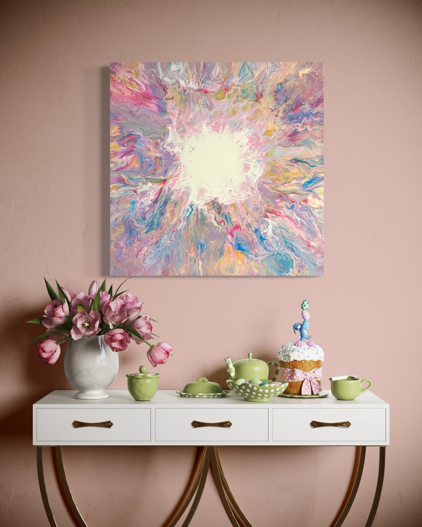 Abstract acrylic painting entitled "The Light" in soft pastel shades of pink, blue, yellow, and violet. A bright, light-filled center shines in the middle, surrounded by flowing, vibrant color gradients that evoke energy and new beginnings. Hand-painted, one-of-a-kind piece in the fluid art style—modern abstract art on canvas, symbolic of light, hope, and positive transformation.