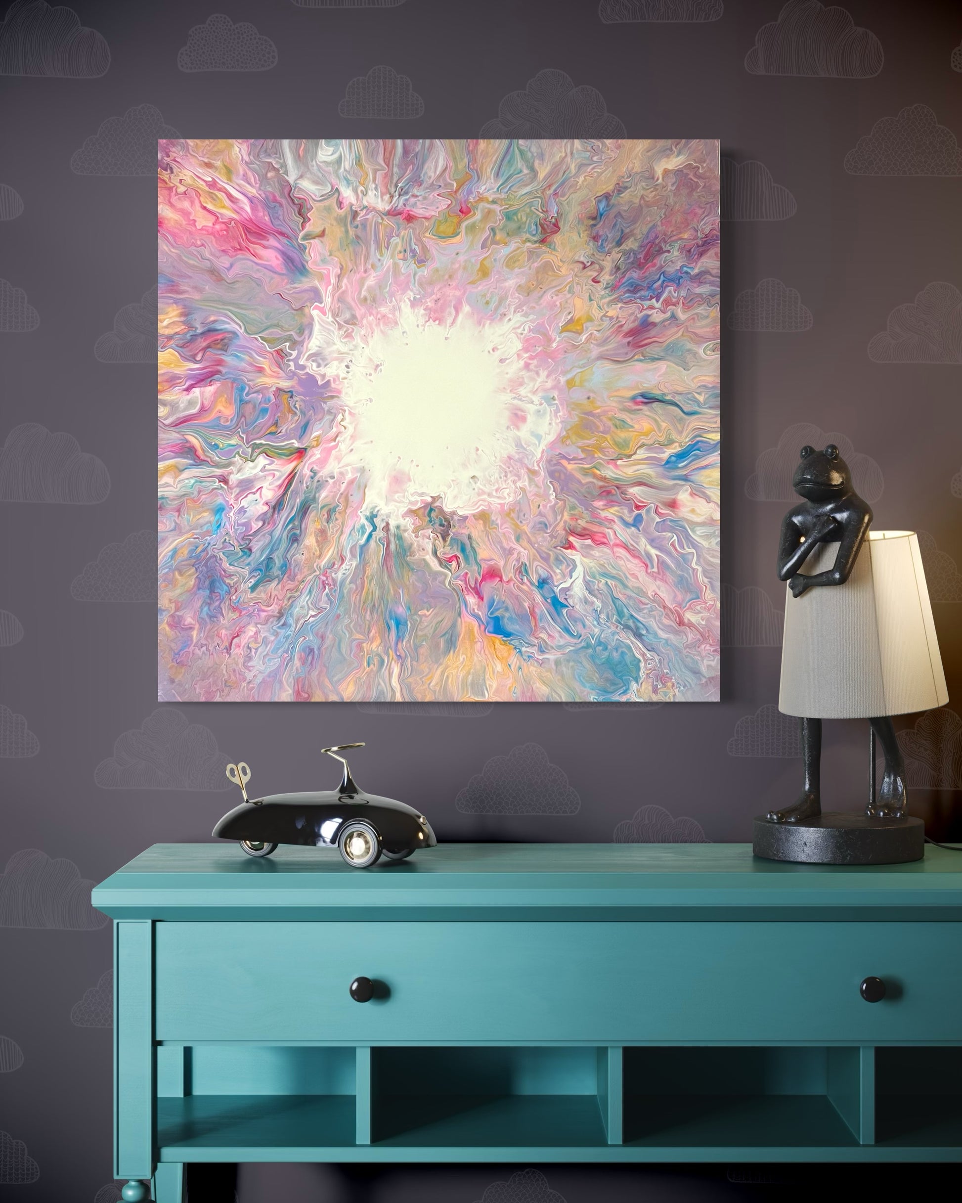 Abstract acrylic painting entitled "The Light" in soft pastel shades of pink, blue, yellow, and violet. A bright, light-filled center shines in the middle, surrounded by flowing, vibrant color gradients that evoke energy and new beginnings. Hand-painted, one-of-a-kind piece in the fluid art style—modern abstract art on canvas, symbolic of light, hope, and positive transformation.