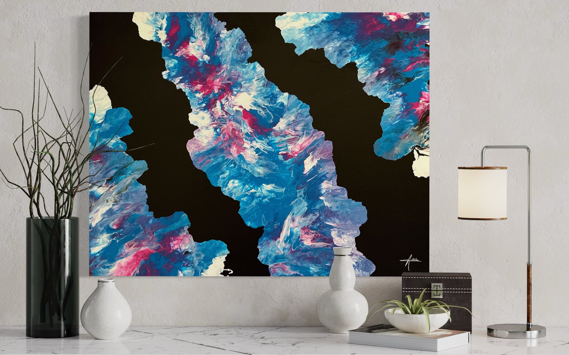 Abstract acrylic painting in bold shades of blue, white, pink, and purple on a deep black background. The flowing, cloud-like shapes create a fascinating depth and dynamism reminiscent of water, ice, or cosmic structures. Hand-painted, one-of-a-kind piece in the fluid art style—modern abstract art on canvas with contrasting colors and an energetic aura, ideal for contemporary living spaces or galleries.