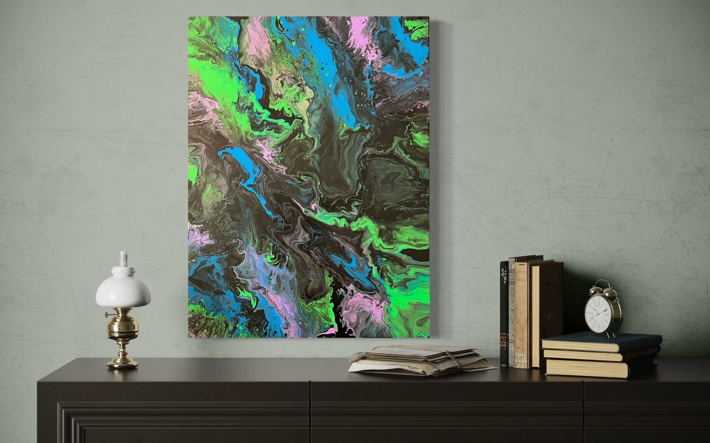 Abstract acrylic painting in vibrant shades of green, blue, black, and pink with flowing, marbled structures. The composition is reminiscent of landscapes seen from a bird's eye view or natural earth formations and watercourses. Hand-painted, one-of-a-kind piece in the fluid art style—modern abstract art on canvas that combines nature, movement, and balance in vibrant colors.