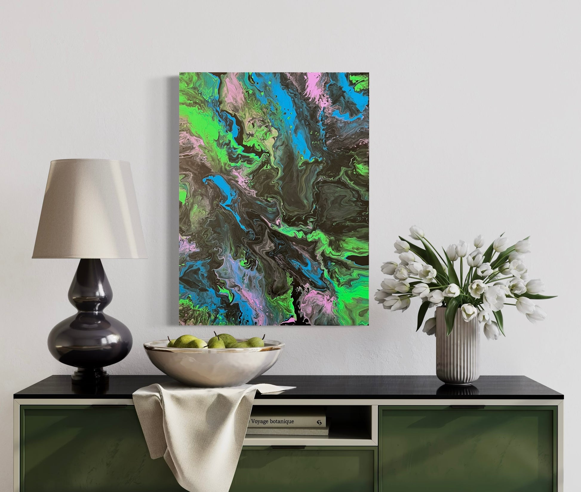 Abstract acrylic painting in vibrant shades of green, blue, black, and pink with flowing, marbled structures. The composition is reminiscent of landscapes seen from a bird's eye view or natural earth formations and watercourses. Hand-painted, one-of-a-kind piece in the fluid art style—modern abstract art on canvas that combines nature, movement, and balance in vibrant colors.