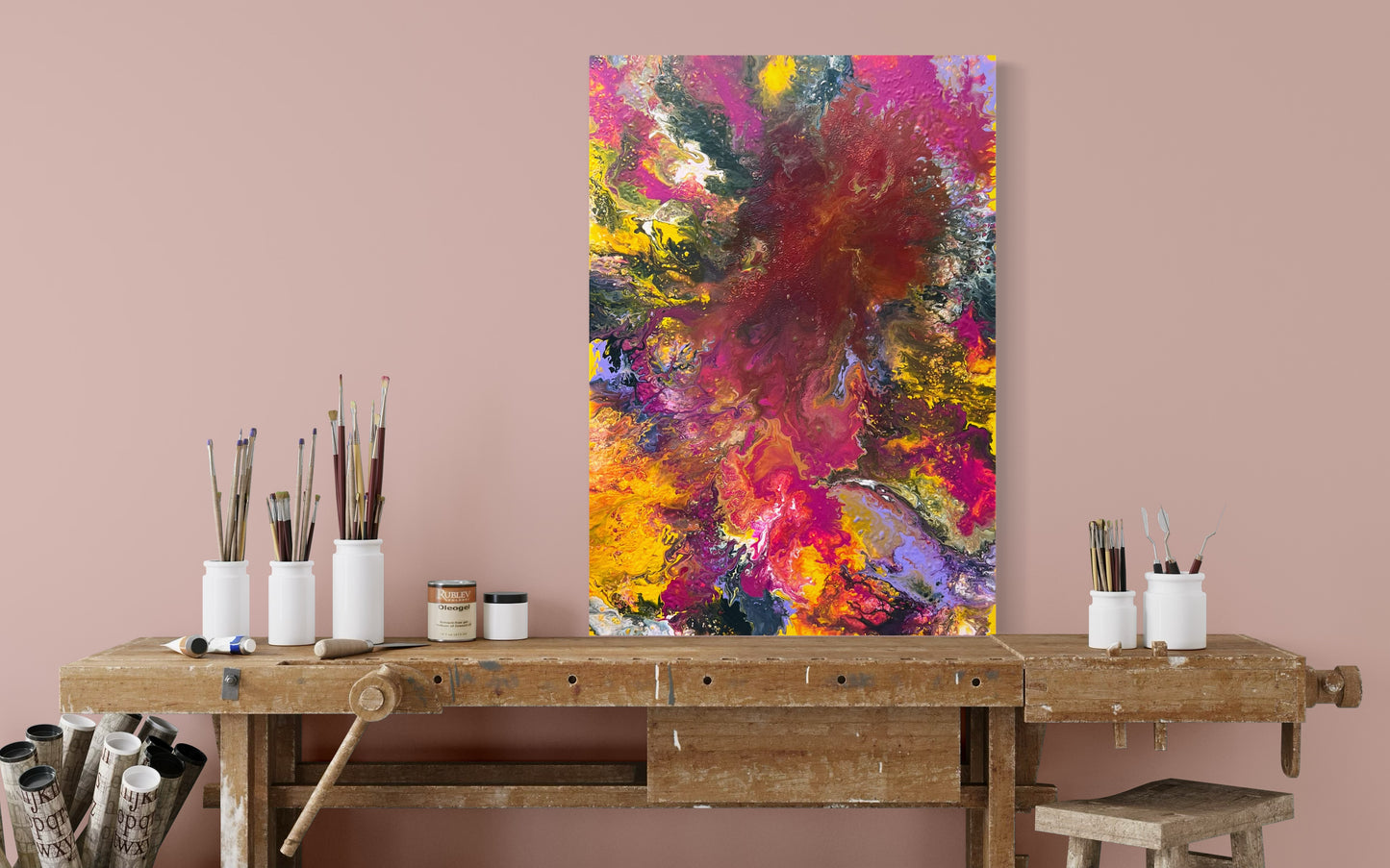 Abstract acrylic painting in intense shades of red, yellow, pink, and purple with vibrant, flowing structures and shimmering gold accents. The composition is reminiscent of an explosion of color and energy and conveys dynamism, passion, and creative freedom. Hand-painted unique piece in the fluid art style—modern abstract art on canvas, ideal as a colorful eye-catcher in living rooms or galleries.