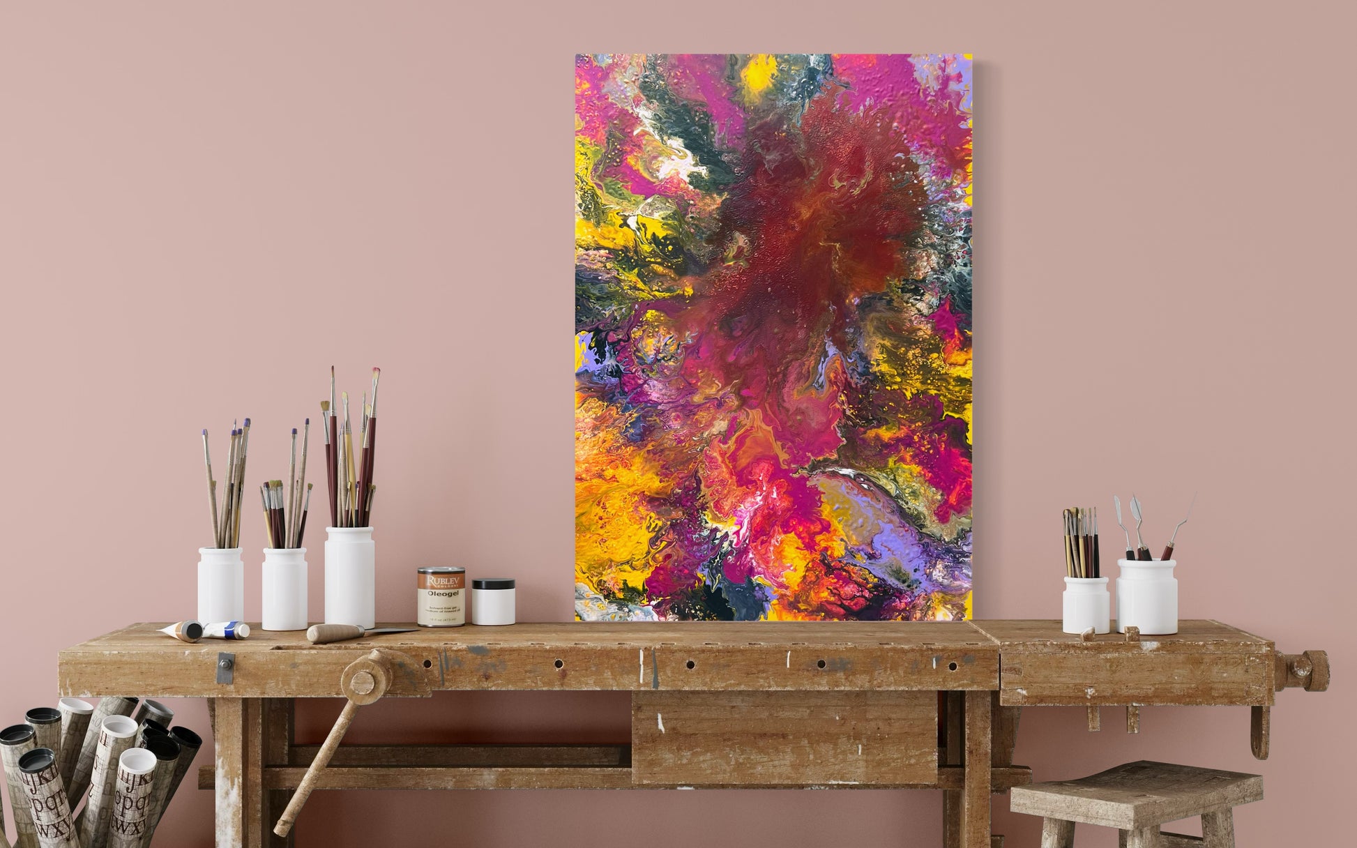 Abstract acrylic painting in intense shades of red, yellow, pink, and purple with vibrant, flowing structures and shimmering gold accents. The composition is reminiscent of an explosion of color and energy and conveys dynamism, passion, and creative freedom. Hand-painted unique piece in the fluid art style—modern abstract art on canvas, ideal as a colorful eye-catcher in living rooms or galleries.