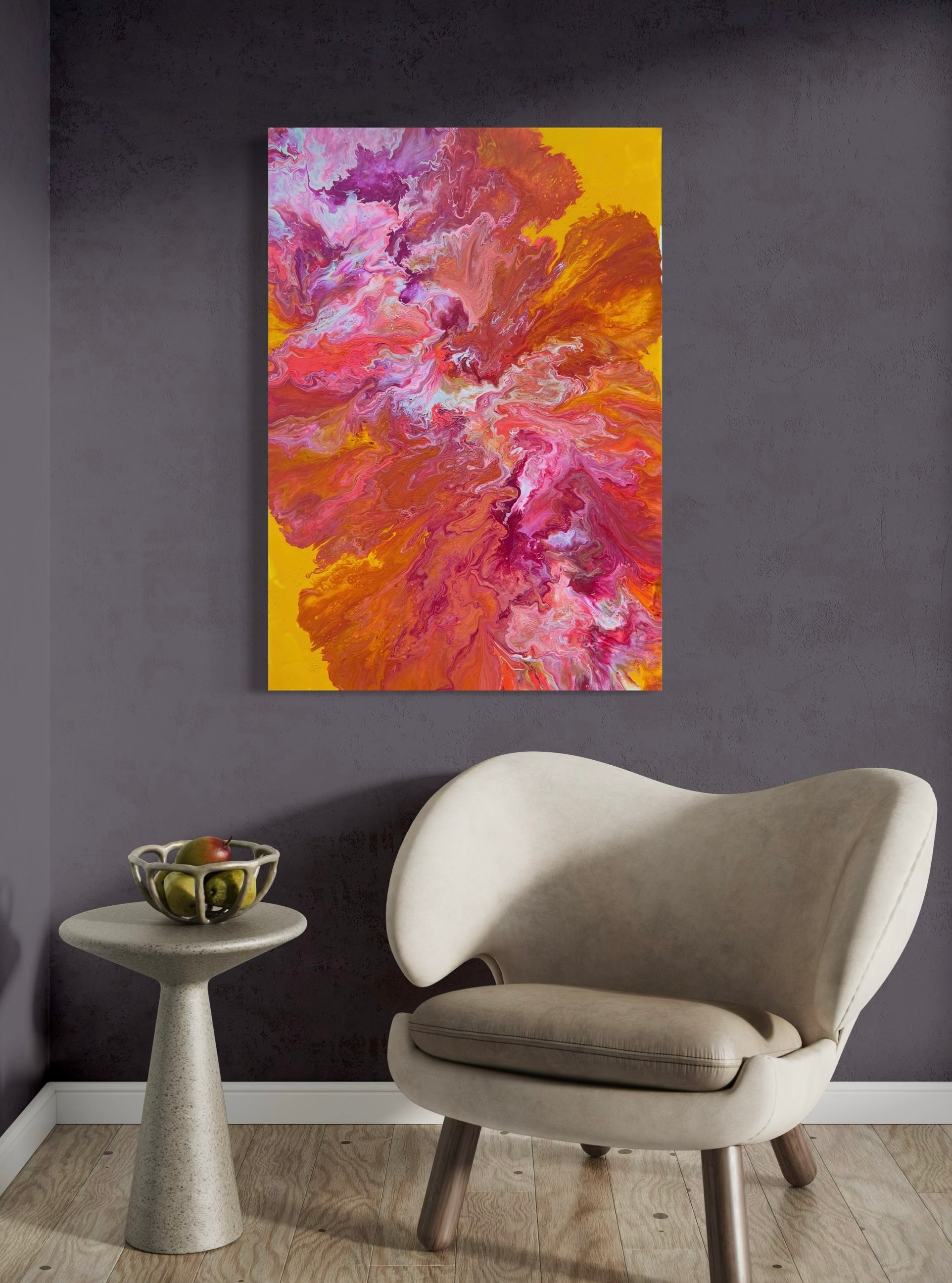 Abstract acrylic painting in bright shades of orange, pink, red, and yellow with dynamic, flowing color gradients. The energetic composition is reminiscent of fire, movement, and warmth, radiating vitality and creative expressiveness. Hand-painted, one-of-a-kind piece in the fluid art style—modern abstract art on canvas, ideal as a colorful eye-catcher for contemporary living spaces or galleries.