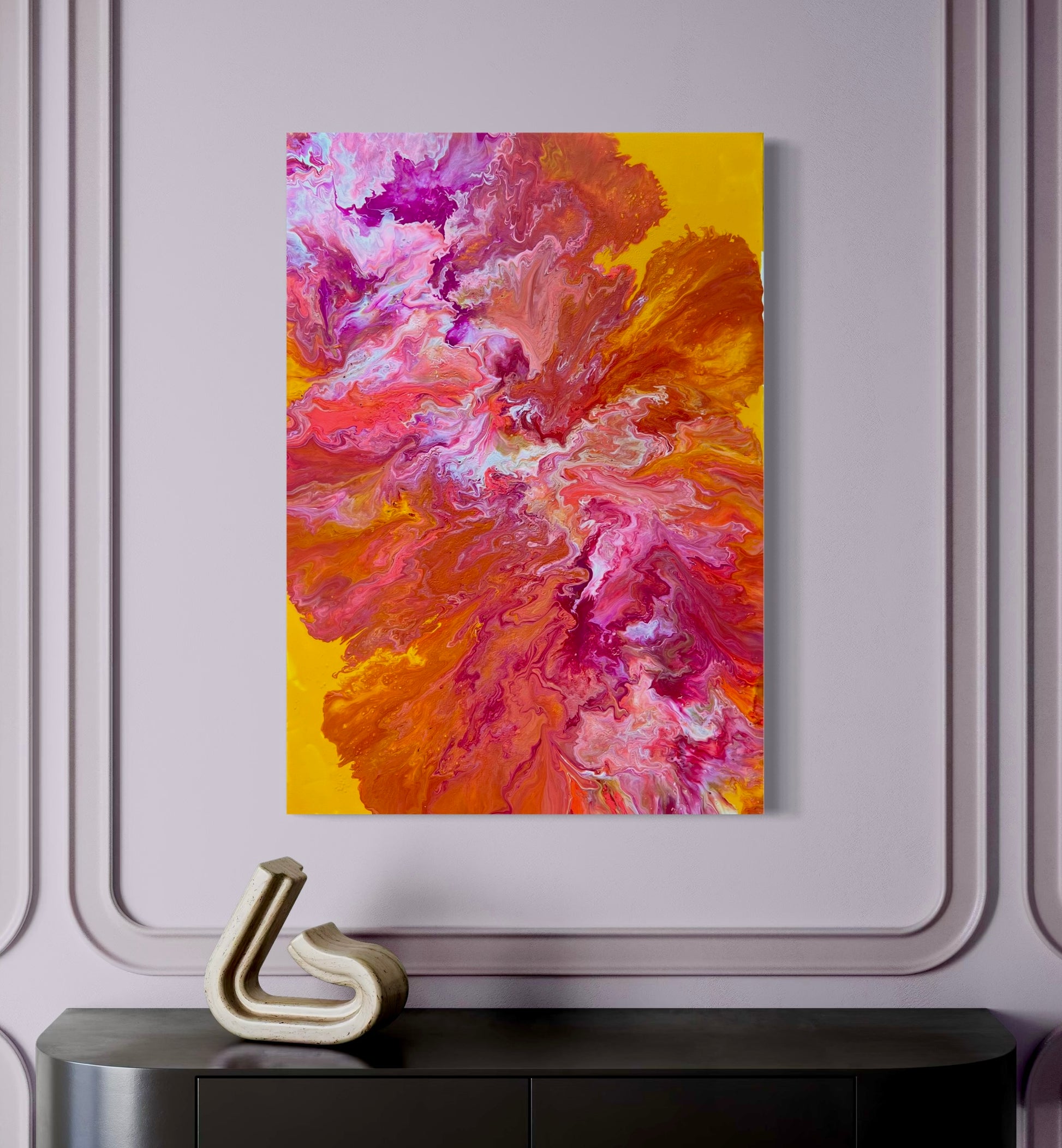 Abstract acrylic painting in bright shades of orange, pink, red, and yellow with dynamic, flowing color gradients. The energetic composition is reminiscent of fire, movement, and warmth, radiating vitality and creative expressiveness. Hand-painted, one-of-a-kind piece in the fluid art style—modern abstract art on canvas, ideal as a colorful eye-catcher for contemporary living spaces or galleries.