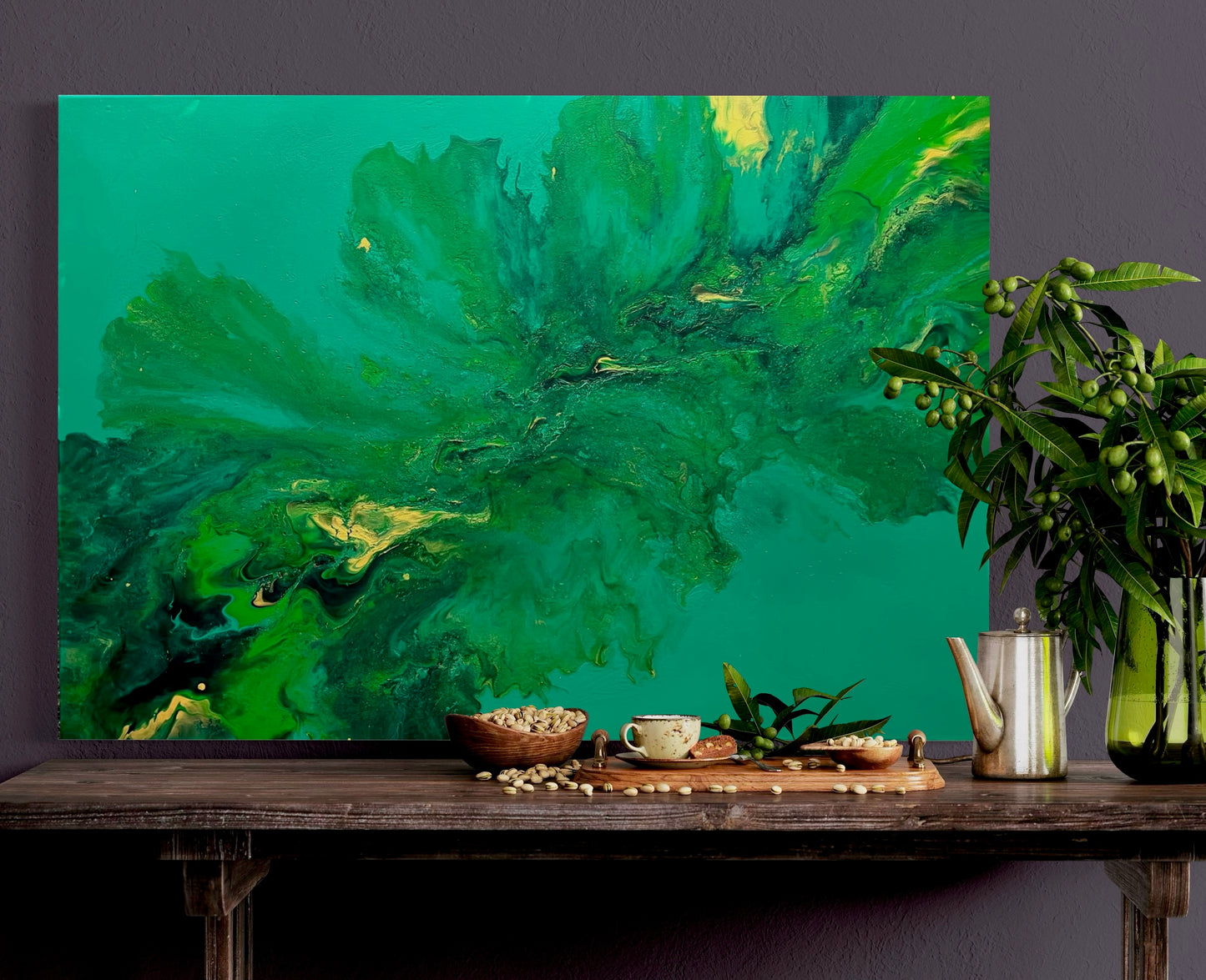 Abstract acrylic painting in vibrant shades of green, turquoise, and yellow with organic, flowing shapes. The composition is reminiscent of nature, plants, or water movements and radiates freshness, tranquility, and vitality. Hand-painted unique piece in the fluid art style—modern abstract art on canvas, ideal as a harmonious color accent in contemporary living spaces or offices.