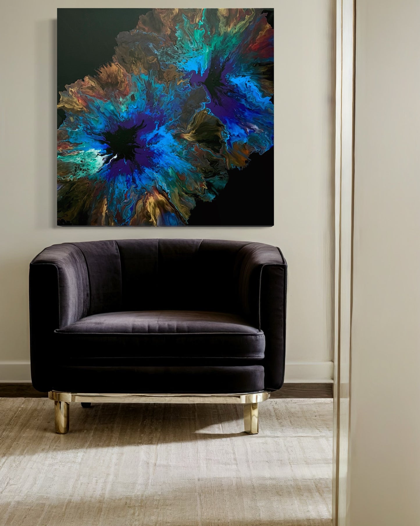 Abstract acrylic painting in intense shades of blue, turquoise, gold, and brown with contrasting, explosive color gradients. The composition is reminiscent of cosmic energy, deep oceans, or forces of nature, drawing the eye to its center with its depth and luminosity. Hand-painted, one-of-a-kind piece in the fluid art style—modern abstract art on canvas, ideal as an expressive eye-catcher in elegant living rooms and gallery spaces.