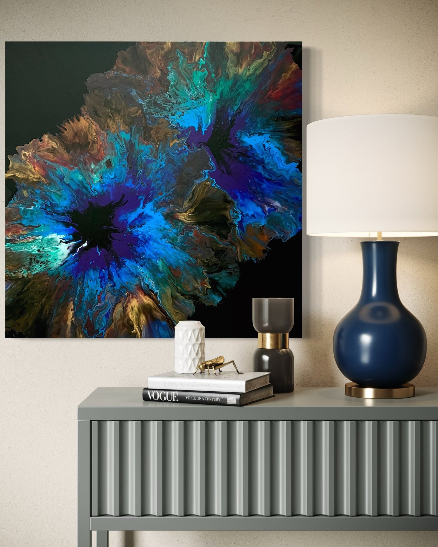 Abstract acrylic painting in intense shades of blue, turquoise, gold, and brown with contrasting, explosive color gradients. The composition is reminiscent of cosmic energy, deep oceans, or forces of nature, drawing the eye to its center with its depth and luminosity. Hand-painted, one-of-a-kind piece in the fluid art style—modern abstract art on canvas, ideal as an expressive eye-catcher in elegant living rooms and gallery spaces.