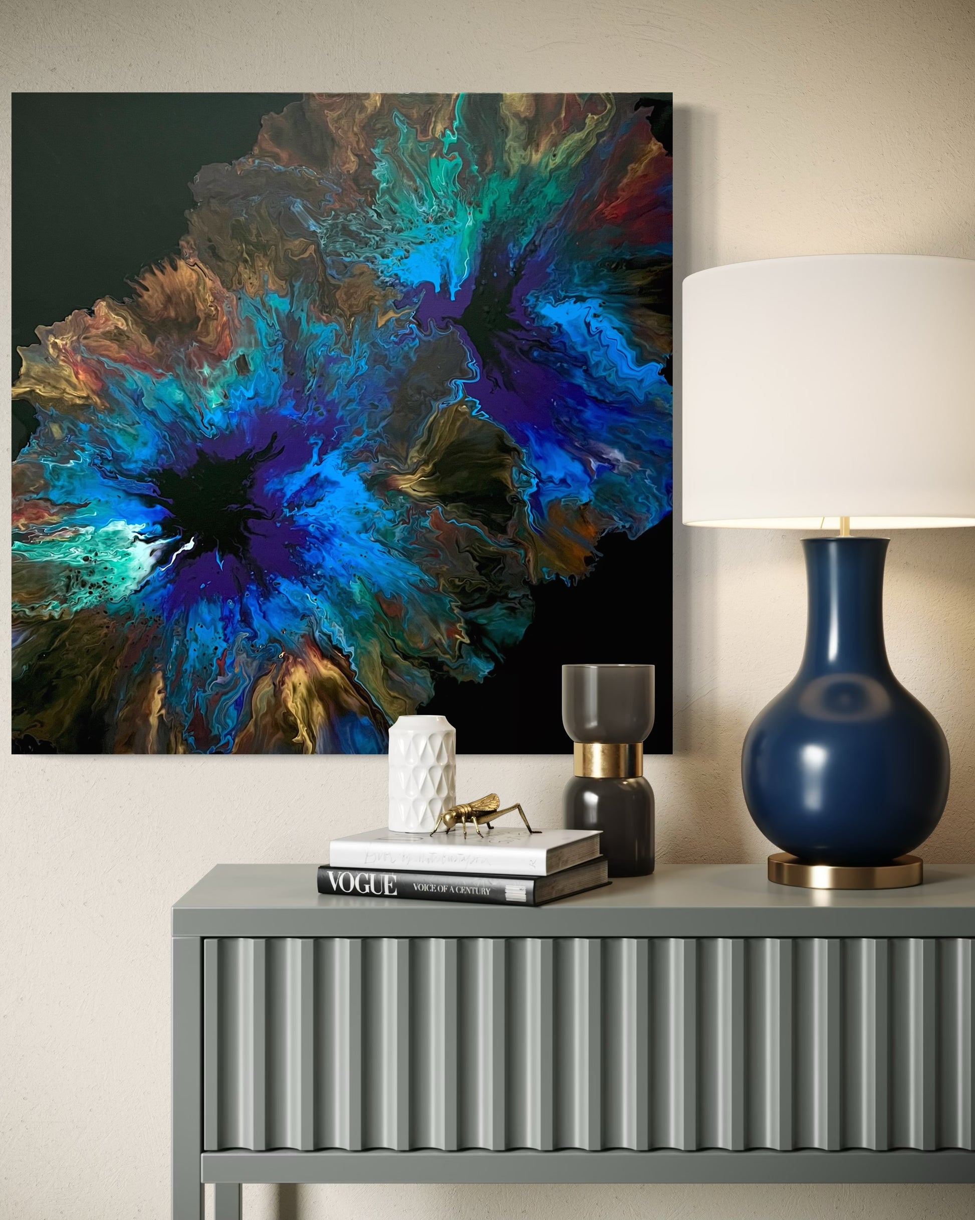 Abstract acrylic painting in intense shades of blue, turquoise, gold, and brown with contrasting, explosive color gradients. The composition is reminiscent of cosmic energy, deep oceans, or forces of nature, drawing the eye to its center with its depth and luminosity. Hand-painted, one-of-a-kind piece in the fluid art style—modern abstract art on canvas, ideal as an expressive eye-catcher in elegant living rooms and gallery spaces.